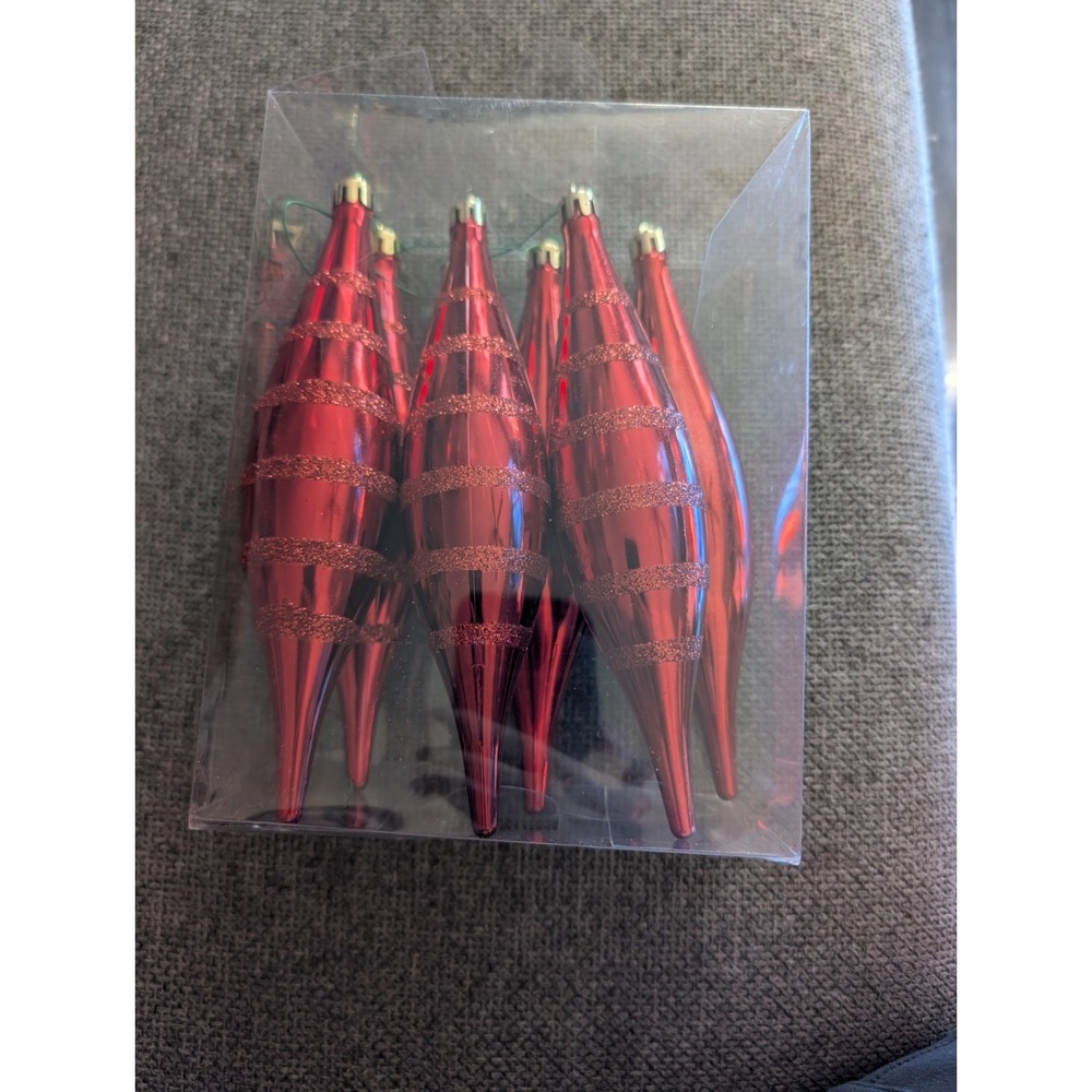 6‎ Teardrop Shiny Red  Glitter & Plain 7" Plastic Christmas Ornaments
